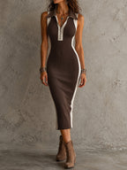 Classic Retro Color Block Ribbed Knit Collar Half Zip Midi Dress