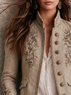 Retro Beige Stand Collar Floral Embroidery Braided Trim Jacket