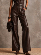 Retro Western Faux Leather Collared Zip Up Belted Palazzo Jumpsuit