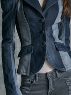 Retro Two Tone Denim Notched Lapel Single Breasted Fitted Blazer