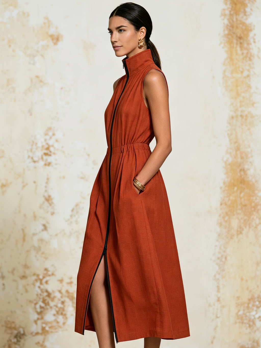 Ust Linen Sleeveless Zip Front Midi Dress