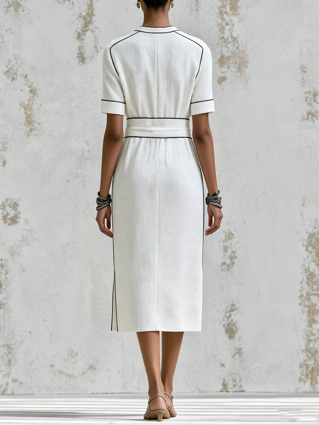 Elegant Contrast Piping White Linen Midi Dress