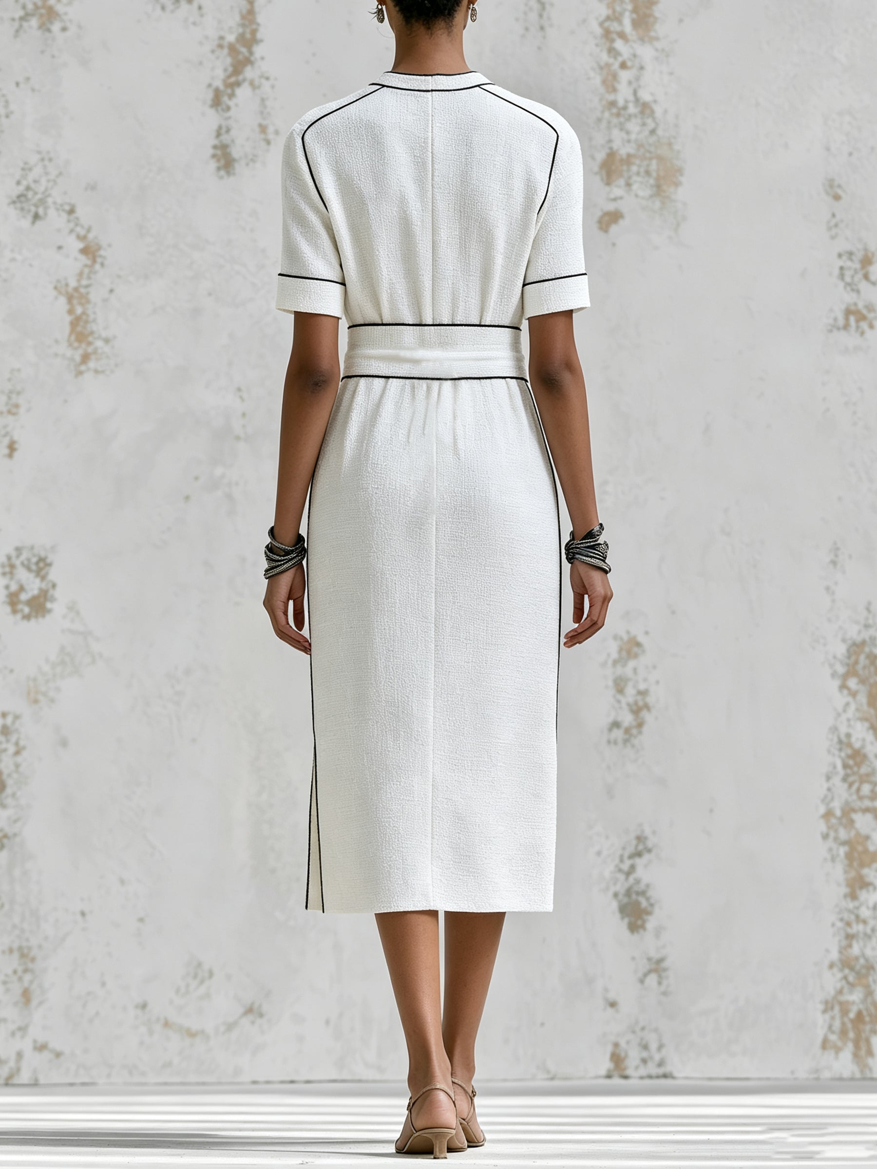 Elegant Contrast Piping White Linen Midi Dress