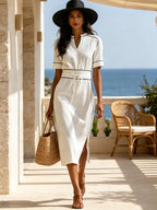 Elegant Contrast Piping White Linen Midi Dress
