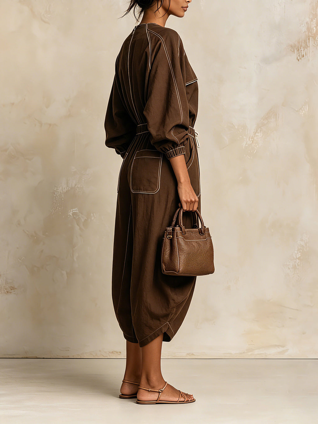 Women Dark Brown White Stitching Elastic Cuff Pocket Loose Fit Vacation Jumpsuit