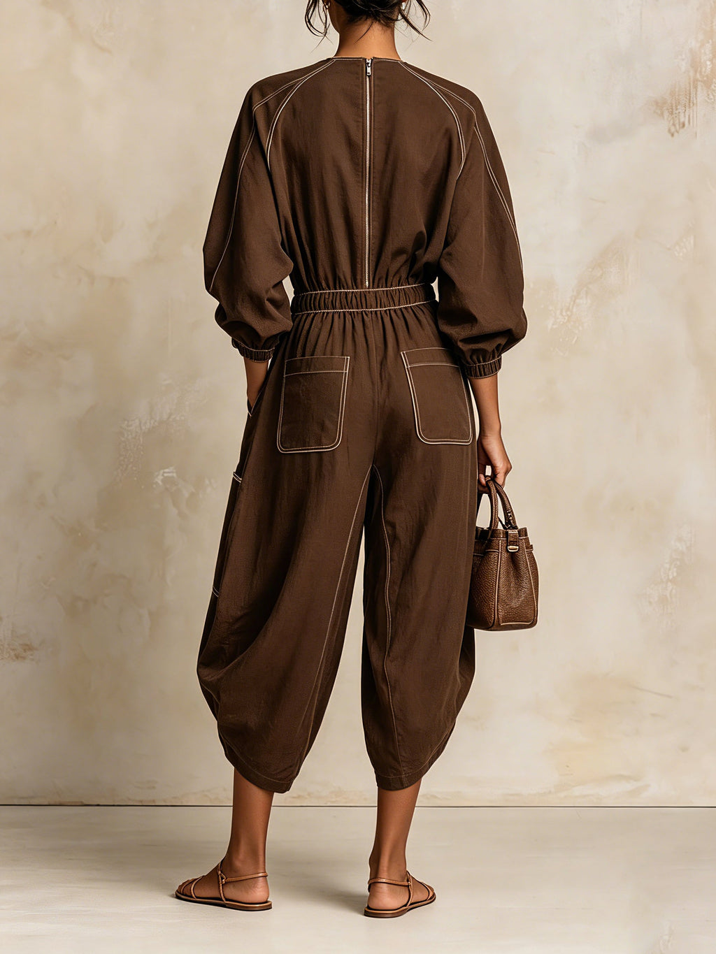 Women Dark Brown White Stitching Elastic Cuff Pocket Loose Fit Vacation Jumpsuit