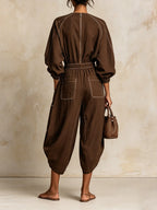 Women Dark Brown White Stitching Elastic Cuff Pocket Loose Fit Vacation Jumpsuit