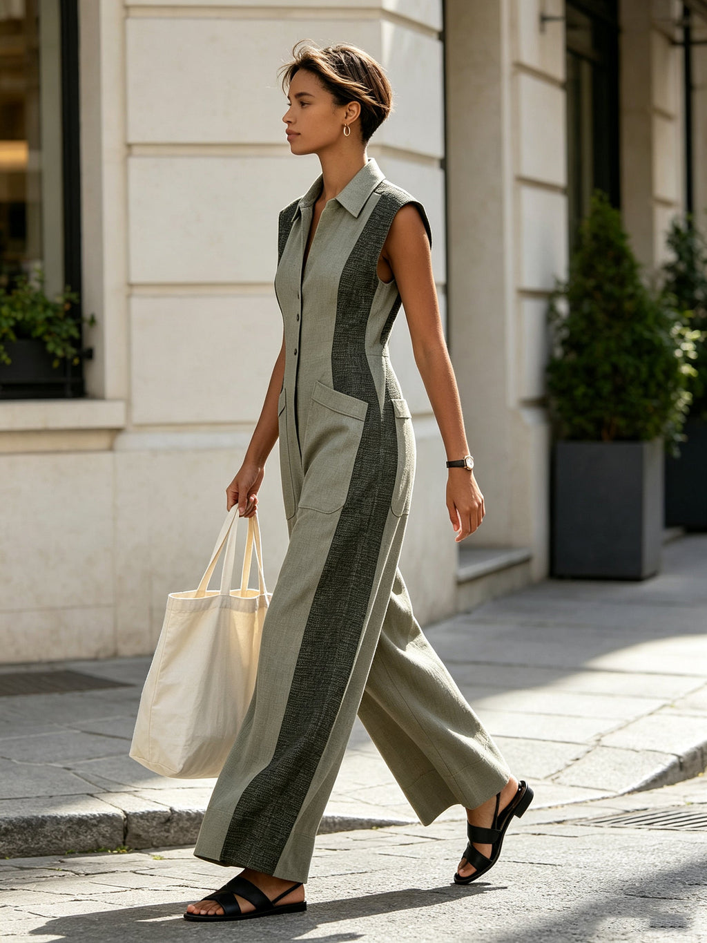 Women's Color-Block Sleeveless Jumpsuit – Elegant, Slim-Fit Wide-Leg Jumpsuit With Functional Pockets