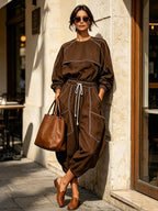 Women Dark Brown White Stitching Elastic Cuff Pocket Loose Fit Vacation Jumpsuit