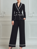 Black Contrast Trim Blazer & Wide Leg Pants Set
