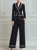 Black Contrast Trim Blazer & Wide Leg Pants Set