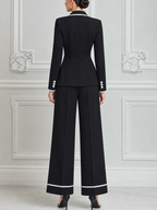 Black Contrast Trim Blazer & Wide Leg Pants Set