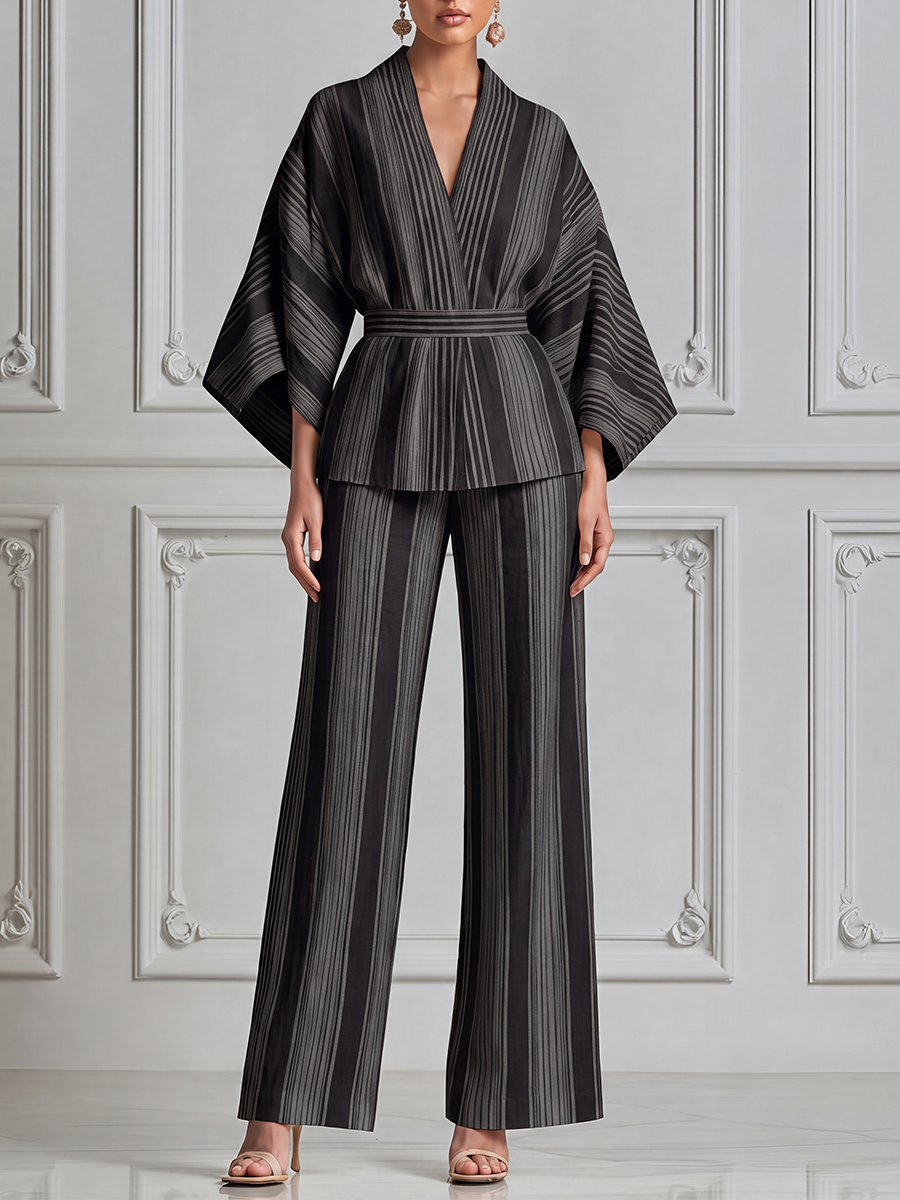Black Striped Kimono Wrap Top & Wide Leg Pants Set