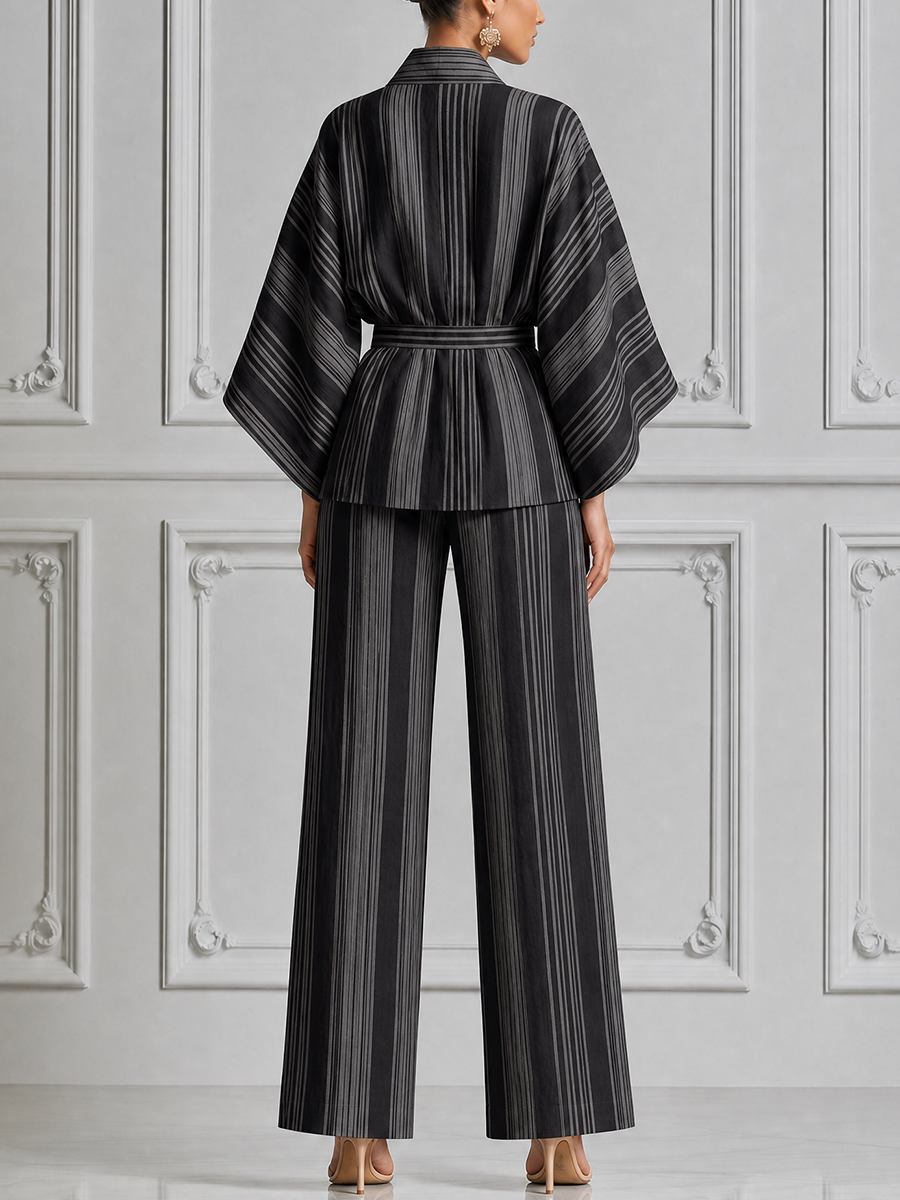 Black Striped Kimono Wrap Top & Wide Leg Pants Set