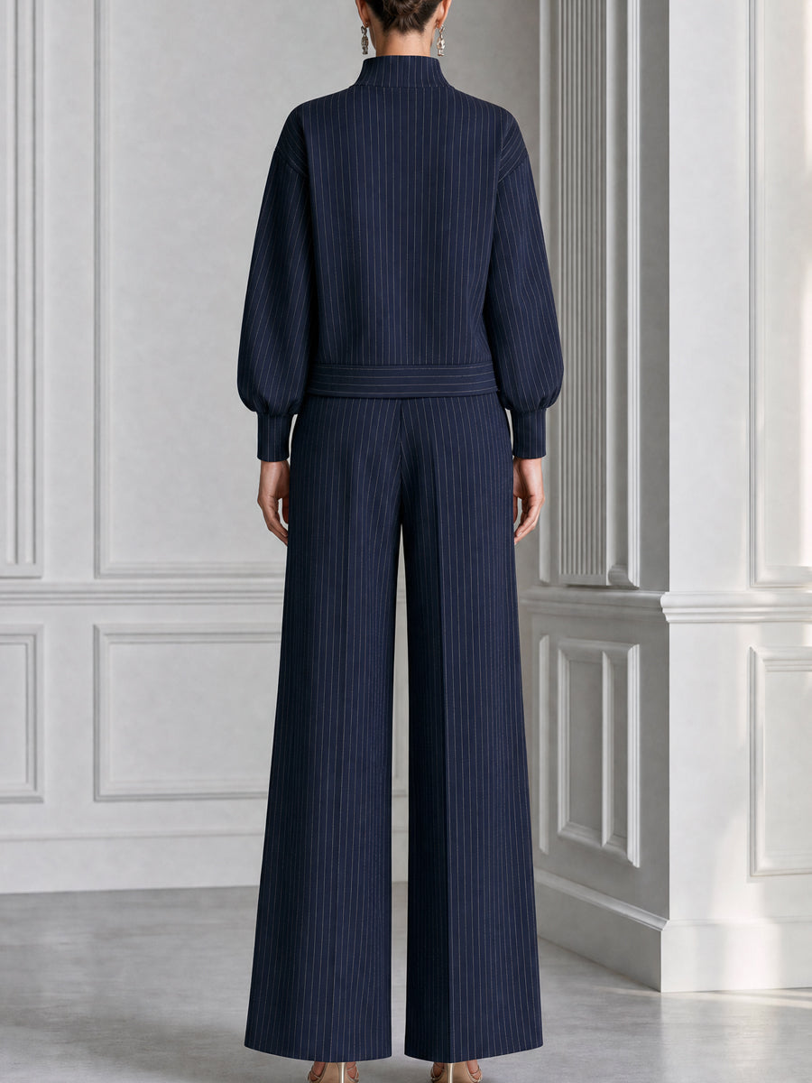 Pinstripe Half-Zip Top And Wide-Leg Pants Set