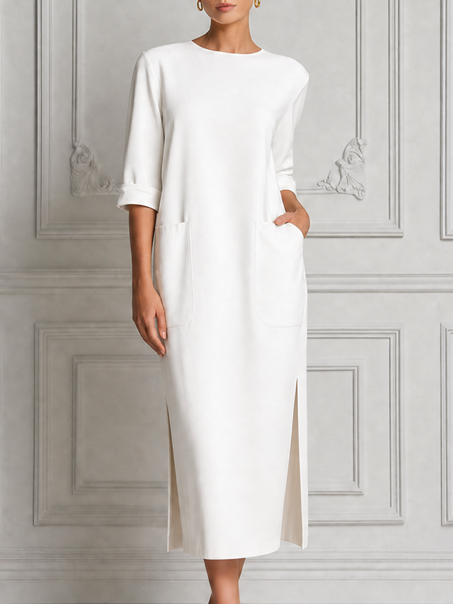 White Dress Stockholm Style Patch Pocket Slit Midi Dress