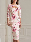Elegant Pink Floral Cutout Neckline Bodycon Midi Dress