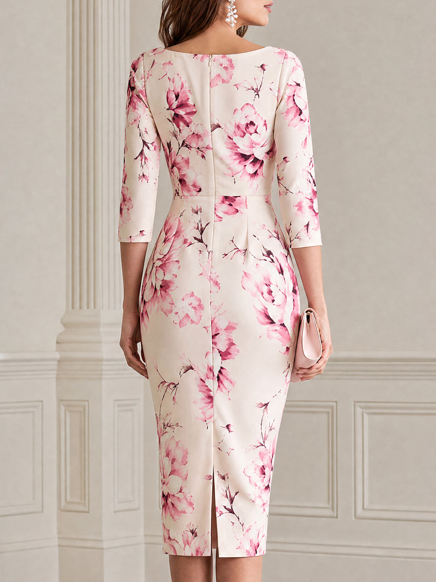 Elegant Pink Floral Cutout Neckline Bodycon Midi Dress