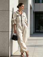 Women’s Oversized Linen Utility Jumpsuit Stand Collar Long Sleeve Drawstring Cuff Lounge Romper With Pockets
