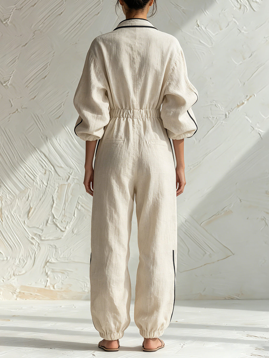 Women’s Oversized Linen Utility Jumpsuit Stand Collar Long Sleeve Drawstring Cuff Lounge Romper With Pockets