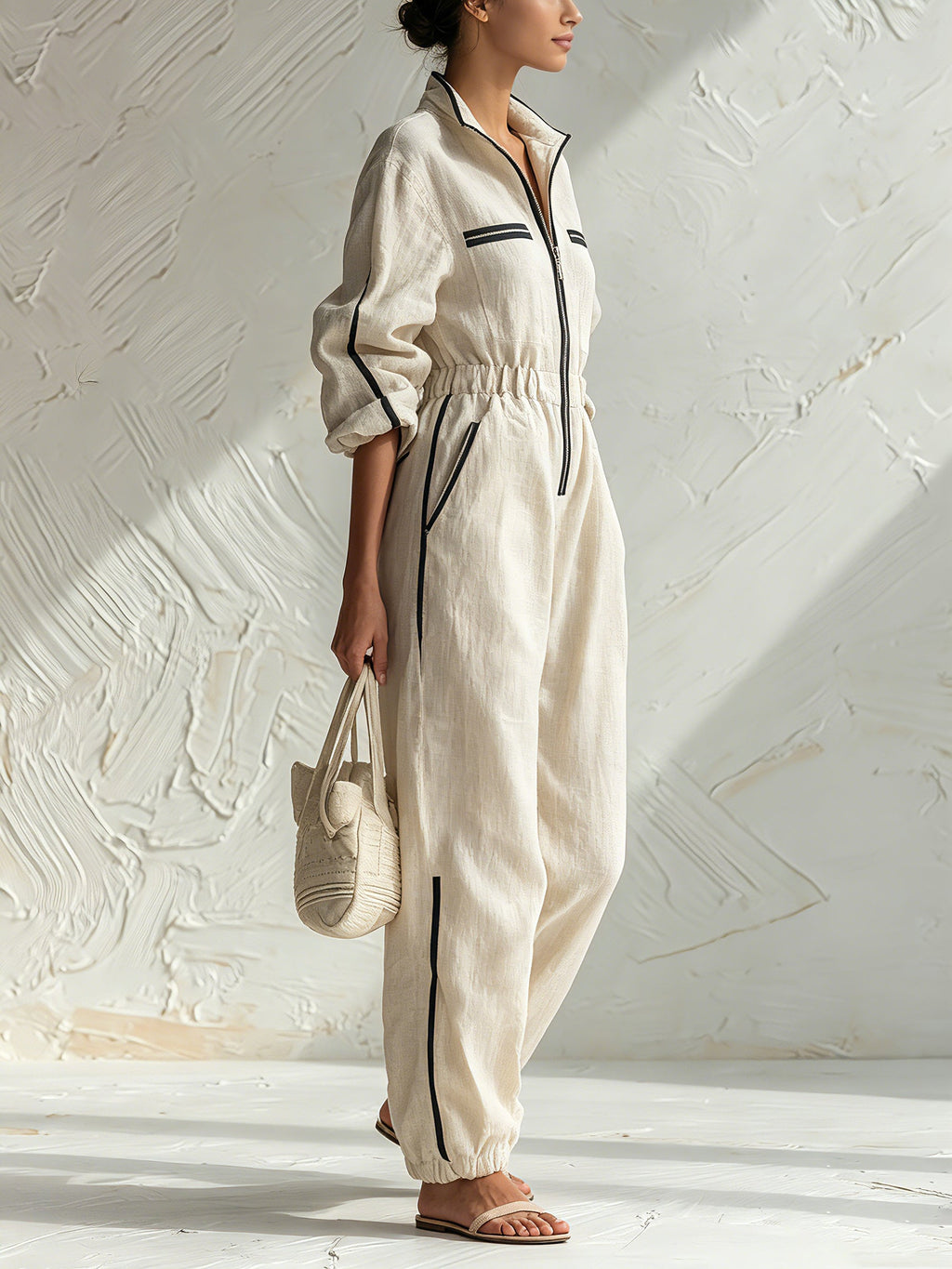 Women’s Oversized Linen Utility Jumpsuit Stand Collar Long Sleeve Drawstring Cuff Lounge Romper With Pockets