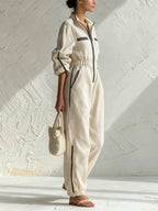 Women’s Oversized Linen Utility Jumpsuit Stand Collar Long Sleeve Drawstring Cuff Lounge Romper With Pockets