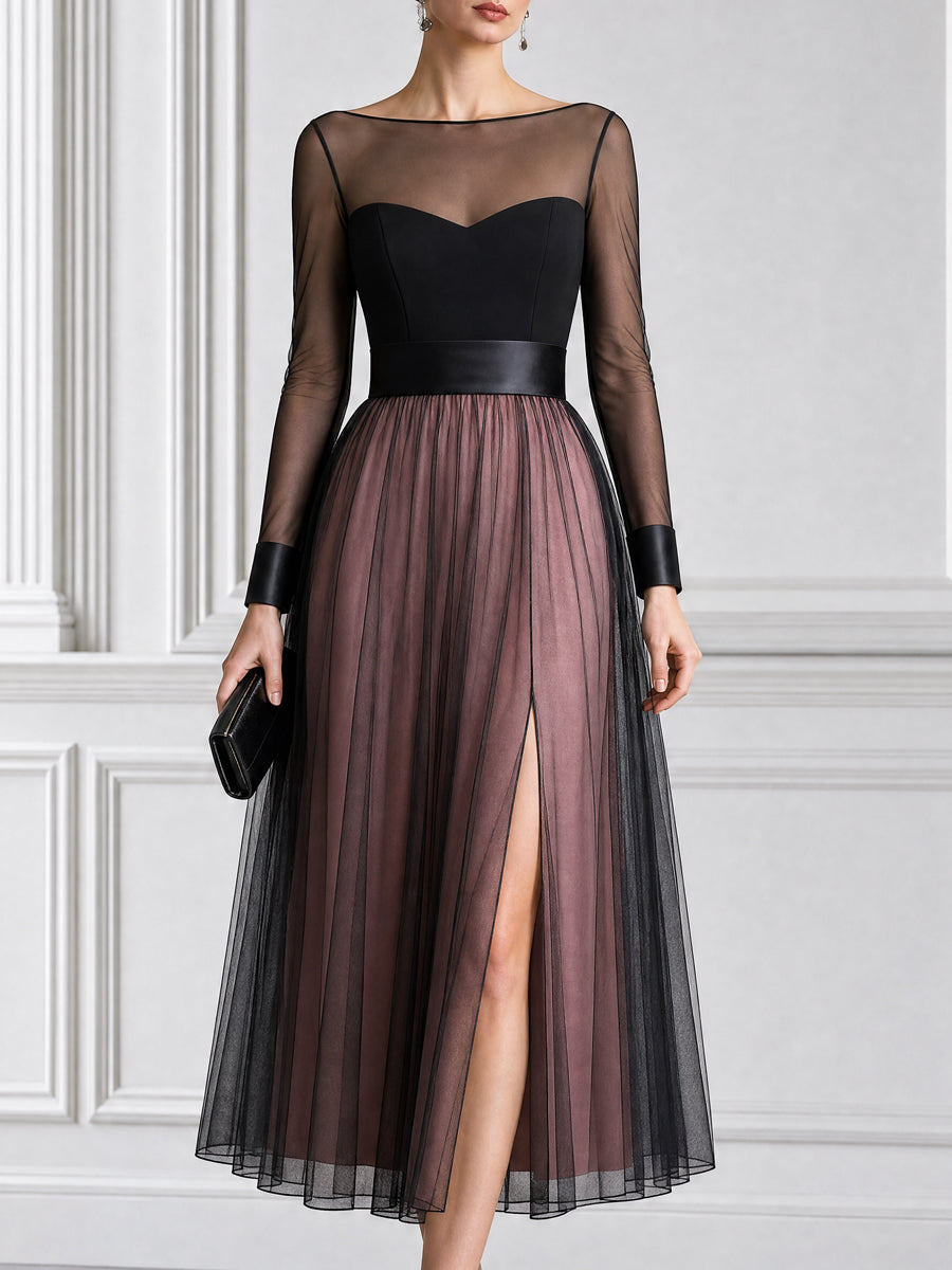 Sheer Mesh Heart Bust High Slit Wedding Guest Midi Dress