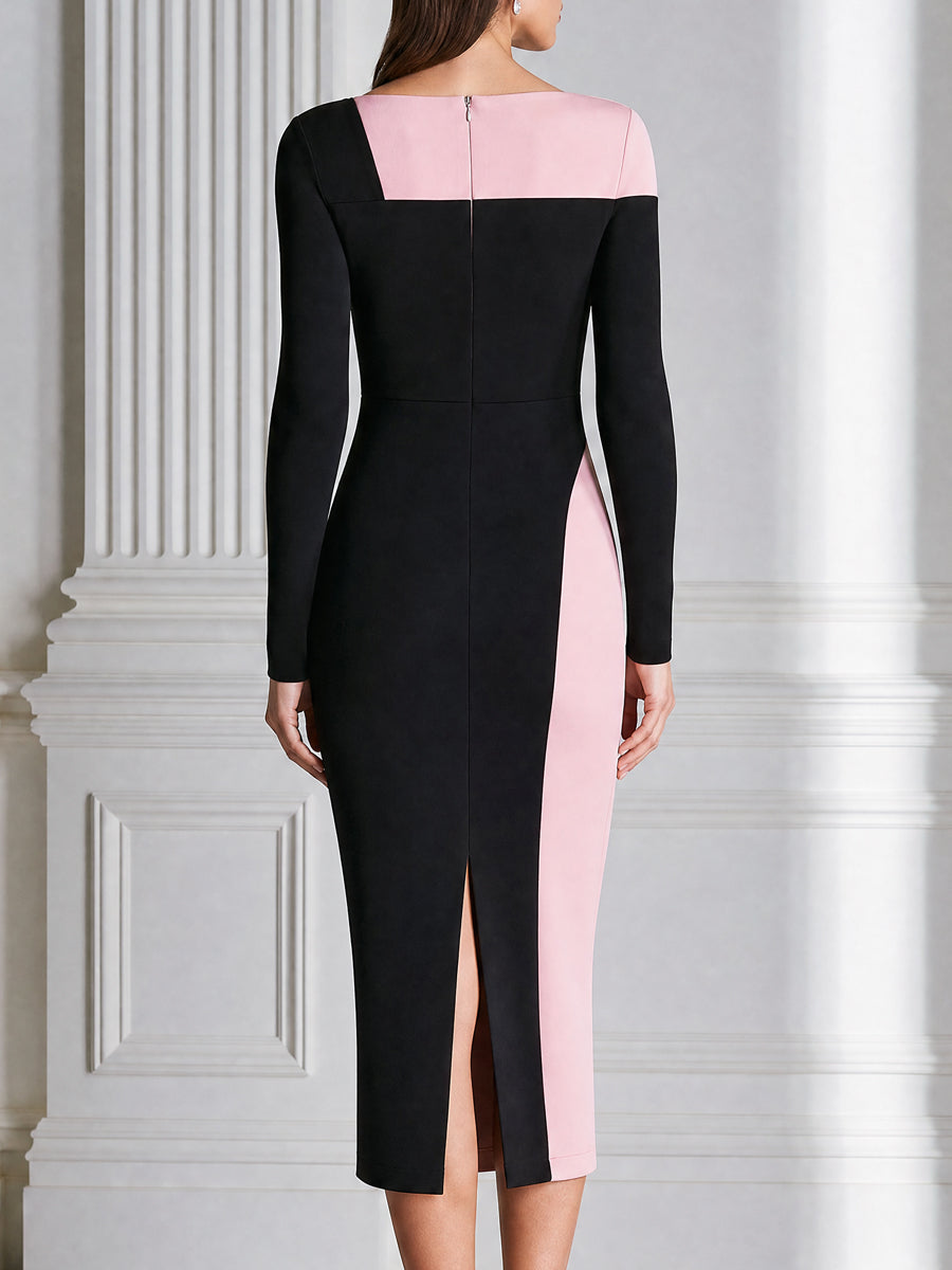 Geometric Patchwork Color Block Bodycon Midi Dress