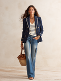 Effortless Chic Linen-Blend Notch-Lapel Gold-Button Navy Tailored Blazer
