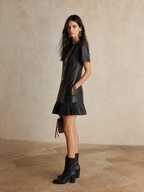 Women's Faux Leather Short Sleeve Ruffle Hem Shift Mini Dress