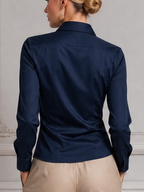 Navy Satin Point Collar Button Front Blouse