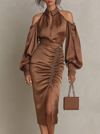 Elegant Shoulder Cut-outs Satin Midi Dress With Side-slit Hem
