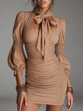 Boho Tie-neck Fitted Pleated Cotton Mini Dress With Pleated Detail