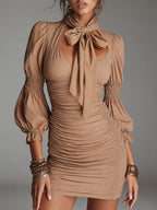 Boho Tie-neck Fitted Pleated Cotton Mini Dress With Pleated Detail