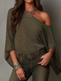 Elegant Olive Glitter Ribbed Asymmetric Cold Shoulder Batwing Sleeve Blouse