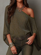 Elegant Olive Glitter Ribbed Asymmetric Cold Shoulder Batwing Sleeve Blouse