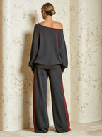 Women’s Off-Shoulder Contrast Stripe Two-Piece Set With Wide Leg Pants