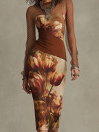 Vintage Tulip Floral Print Polka Dot Mesh Long Sleeve Ruched Waist Bodycon Midi Dress