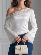 Elegant One-Shoulder Floral Lace Trim Satin Top