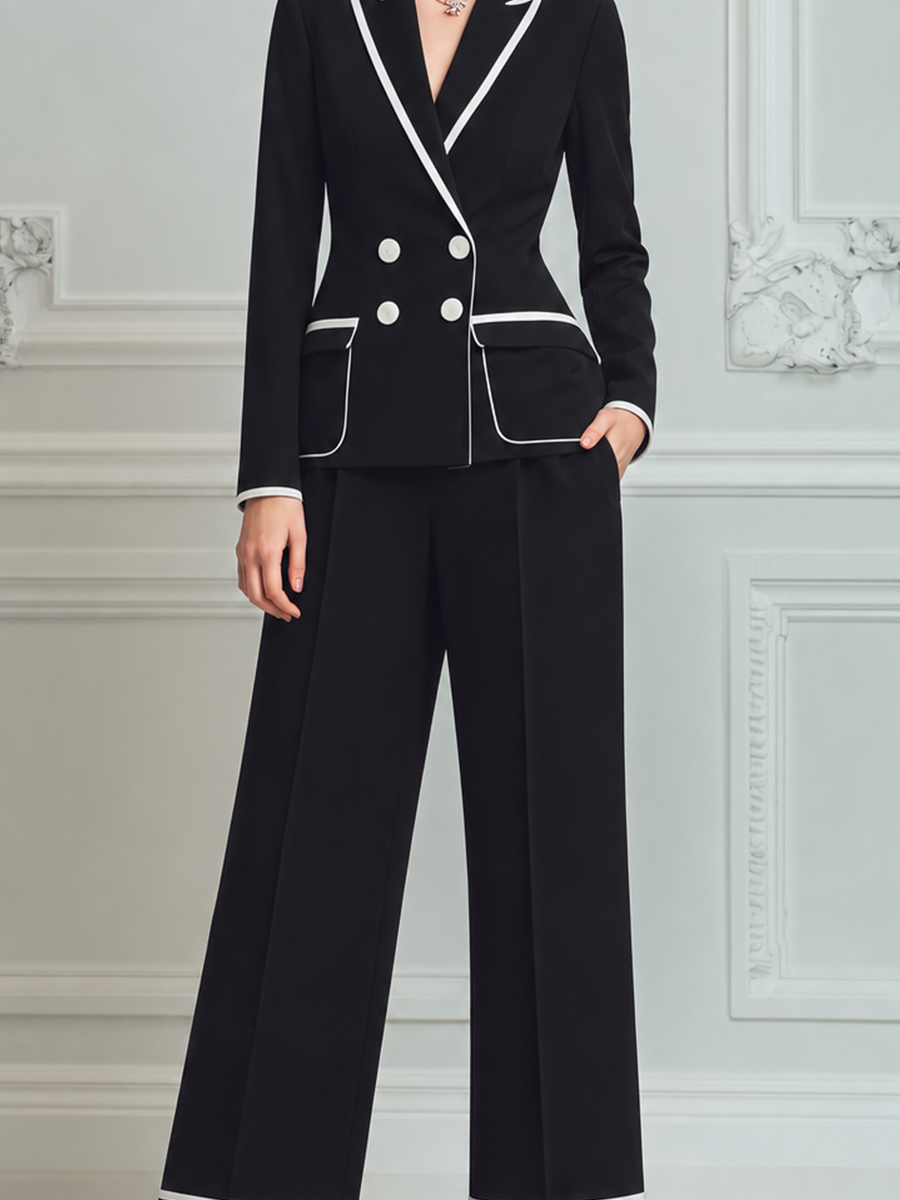 Black Contrast Trim Blazer & Wide Leg Pants Set