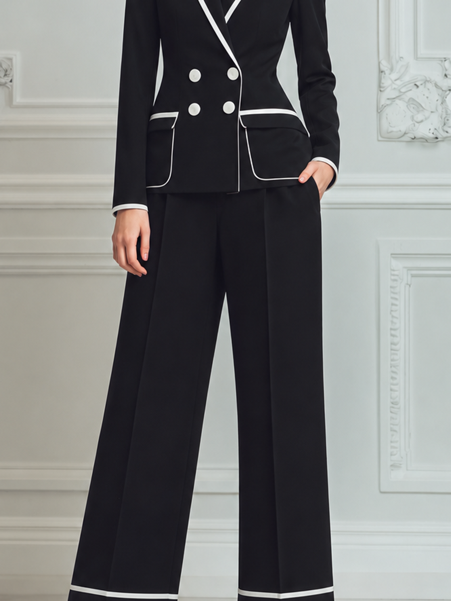 Black Contrast Trim Blazer & Wide Leg Pants Set
