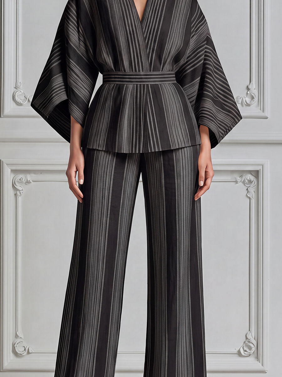 Black Striped Kimono Wrap Top & Wide Leg Pants Set