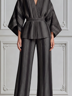 Black Striped Kimono Wrap Top & Wide Leg Pants Set