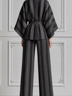 Black Striped Kimono Wrap Top & Wide Leg Pants Set