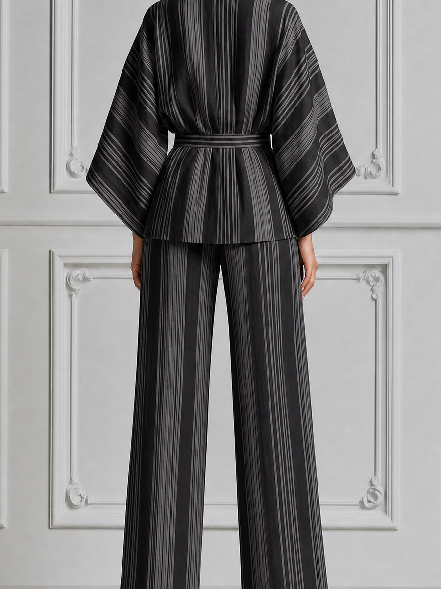 Black Striped Kimono Wrap Top & Wide Leg Pants Set