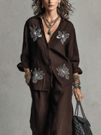 Bohemian Coffee-colored Embroidered Linen Suit