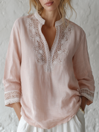 Delicate Blush Lace Trim Linen Blouse