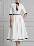 White Dress Contrast Trim Pleated A-Line Midi Dress
