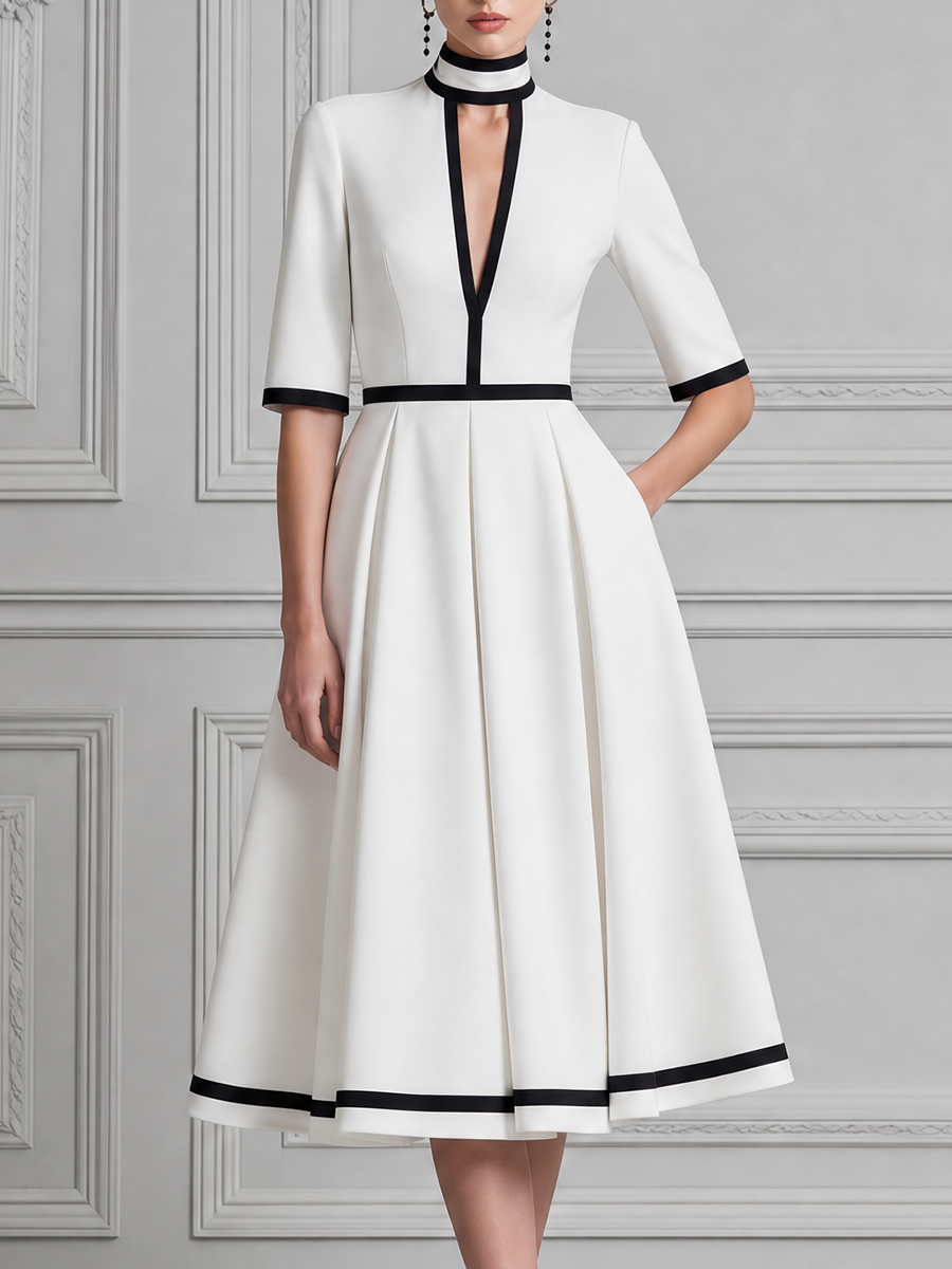 White Dress Contrast Trim Pleated A-Line Midi Dress