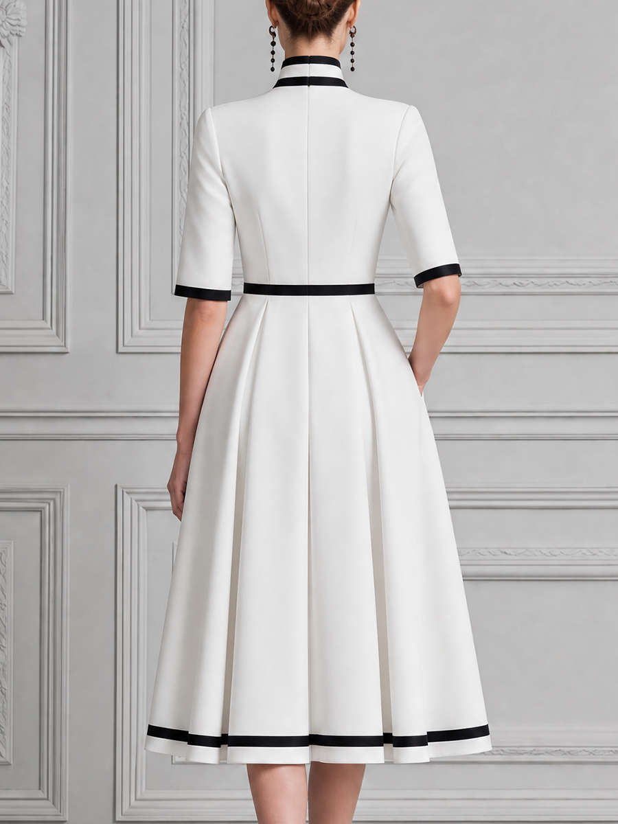 White Dress Contrast Trim Pleated A-Line Midi Dress
